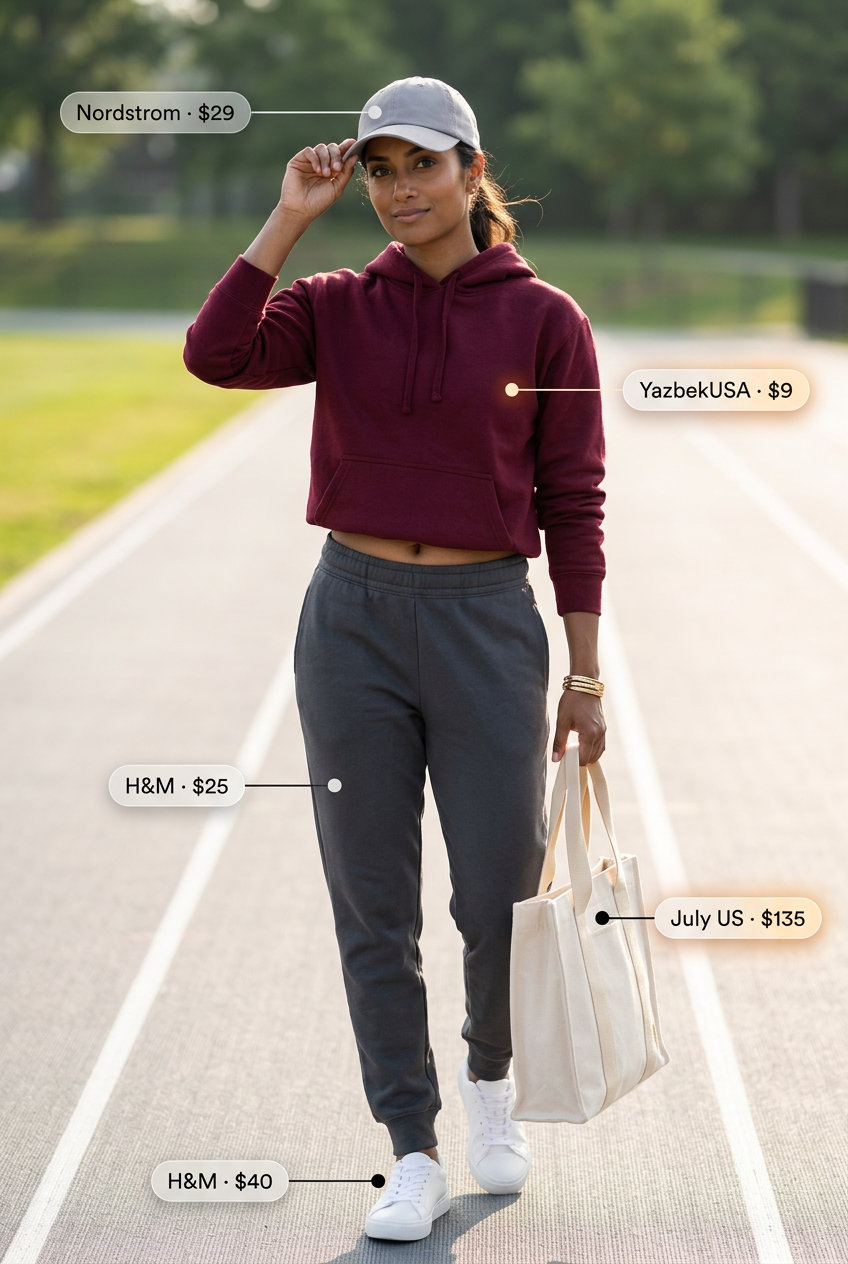 Burgundy hoodie and charcoal joggers for summer gym to street outfits for women 2026. Comfortable athleisure commute style.