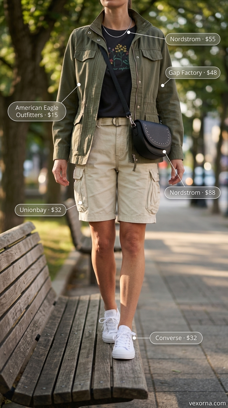 Khaki cargo shorts for summer gym to street outfits for women 2026. Urban explorer look with utility jacket and sneakers.