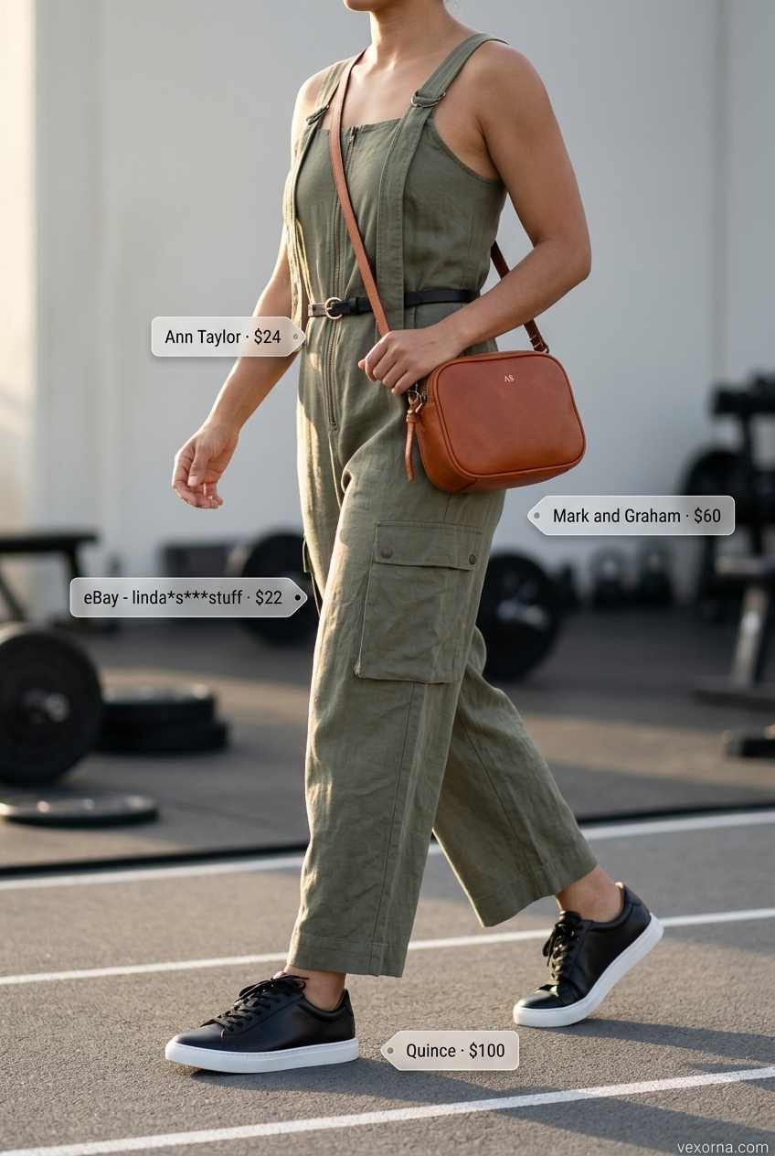 Olive green jumpsuit for summer gym to street outfits for women 2026. Chic travel outfit with leather sneakers and crossbody.