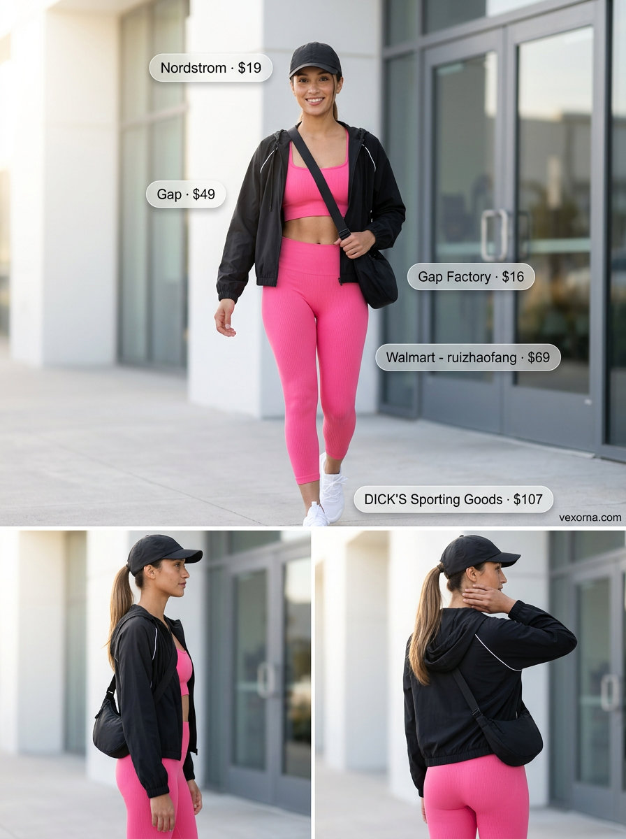 Summer Gym to Street Outfits for Women 2026: Hot pink matching set, white sneakers, black windbreaker for active lifestyle.