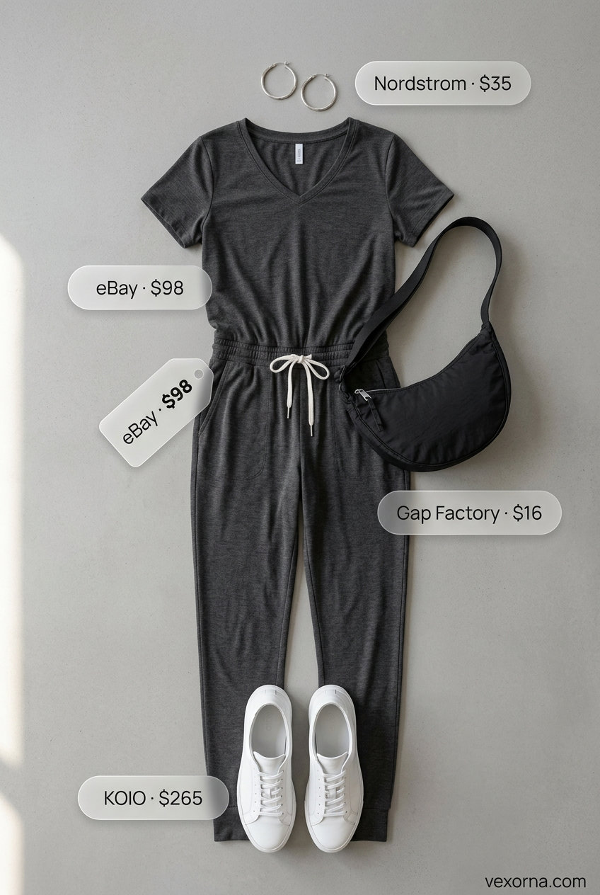 Summer Gym to Street Outfits for Women 2026: Charcoal grey jumpsuit, white sneakers, black crossbody for elevated athleisure.