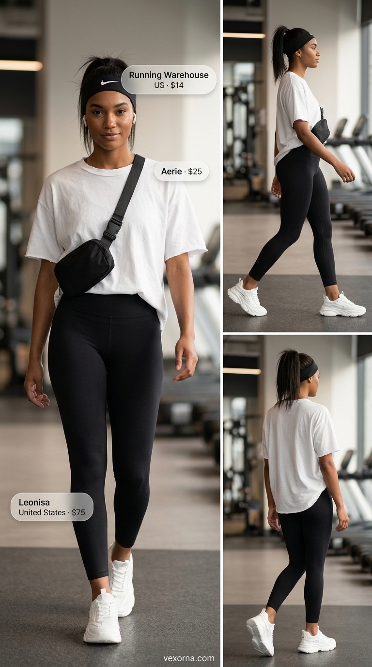 Summer Gym to Street Outfits for Women 2026: Black leggings, oversized white tee, chunky sneakers for post-gym errands.