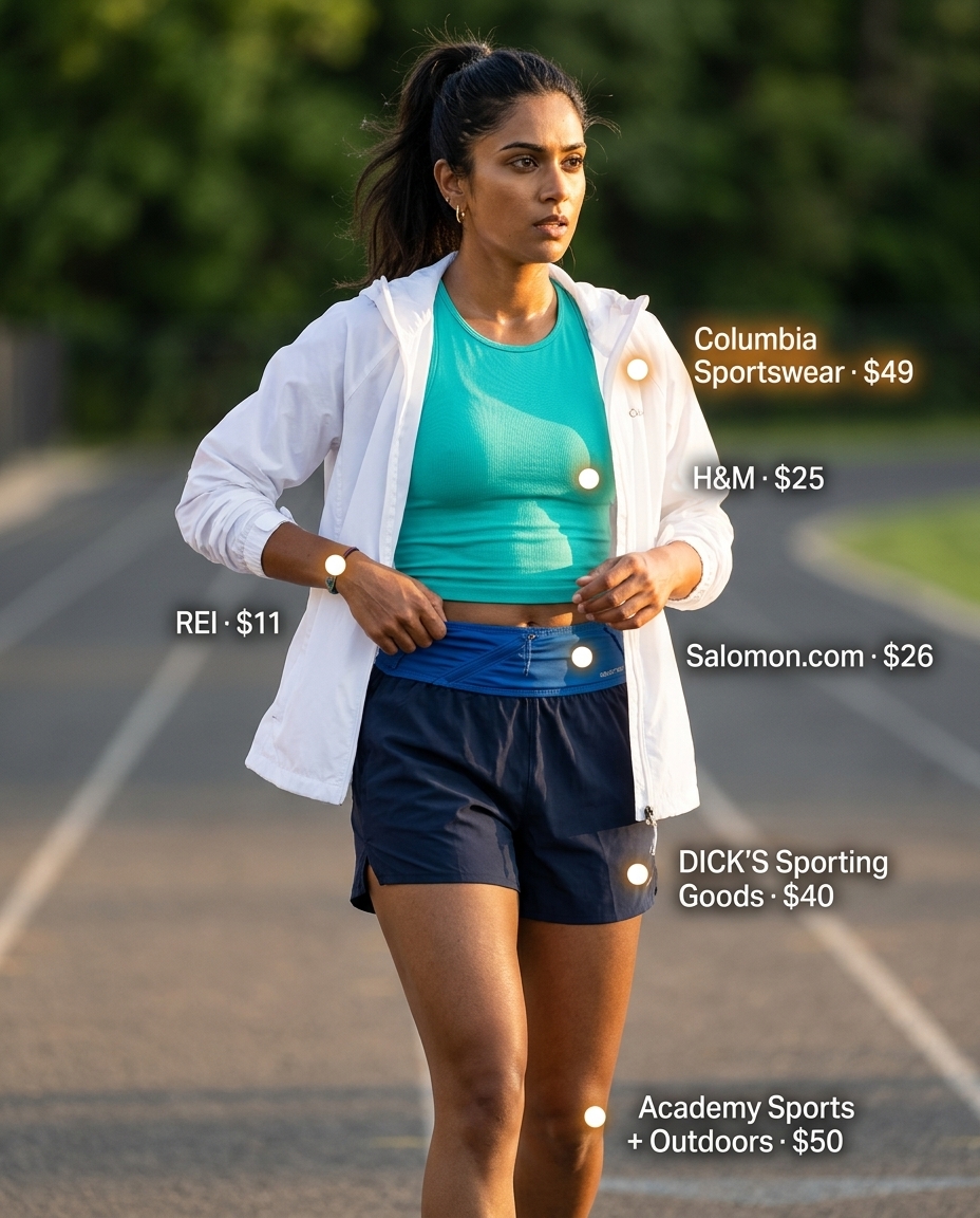 Summer Gym to Street Outfits for Women 2026: Navy running shorts, teal tank, and white windbreaker for outdoor workouts.