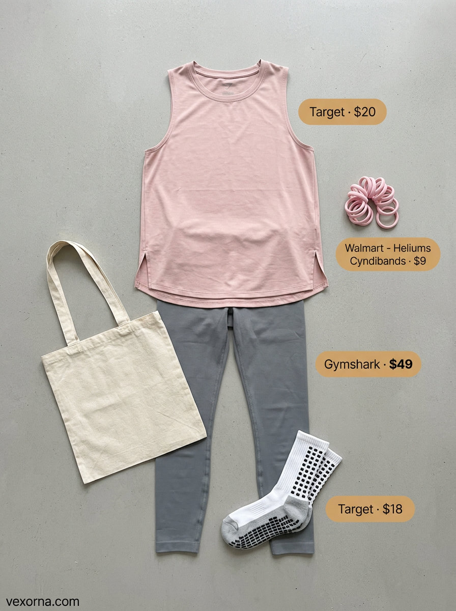 Summer Gym to Street Outfits for Women 2026: Light grey yoga leggings, soft pink tank, and grip socks for studio class.