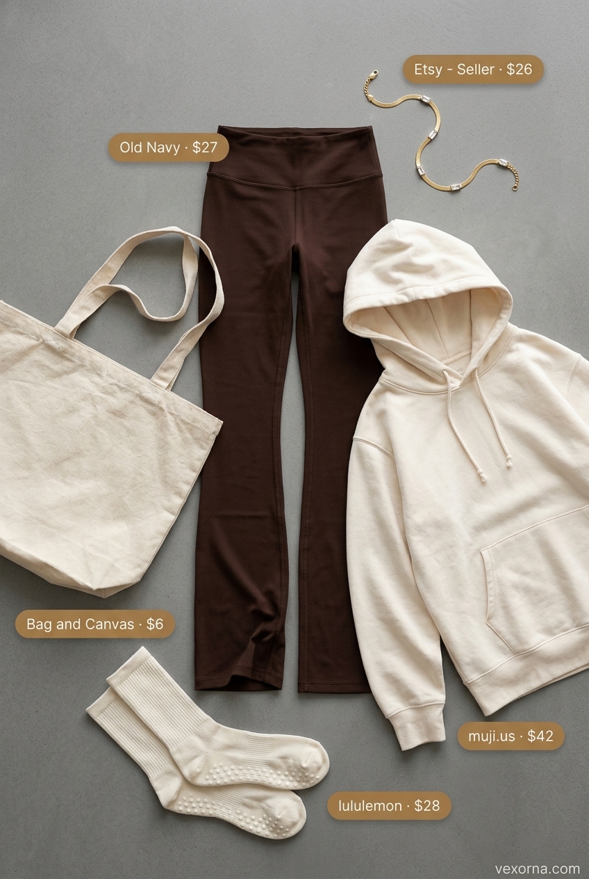 Summer Gym to Street Outfits for Women 2026: Earthy brown flare leggings, cream bra, and hoodie for studio or lounge.