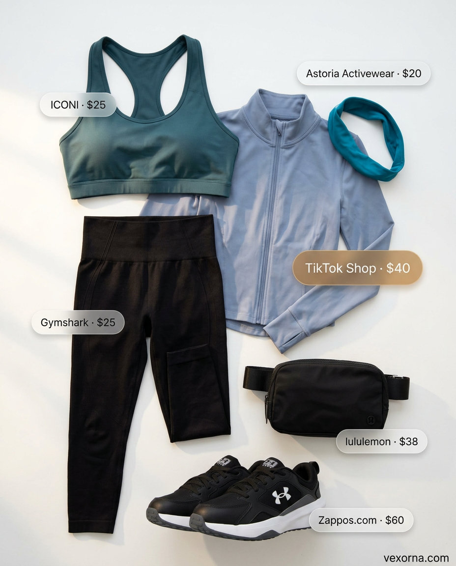 Summer Gym to Street Outfits for Women 2026: Black leggings, teal bra, white track jacket for active hydration.