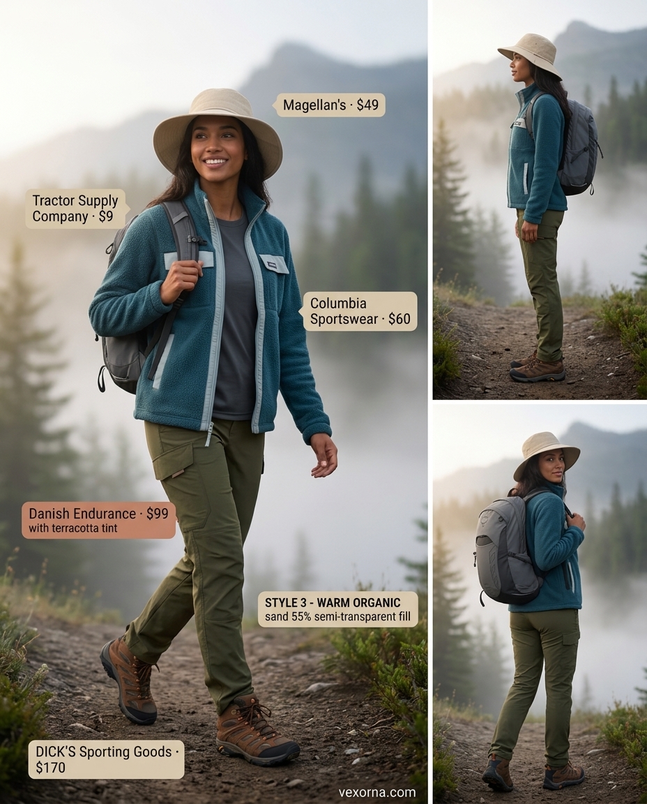 Summer Gym to Street Outfits for Women 2026: Olive green hiking pants, charcoal t-shirt, and fleece jacket for trails.