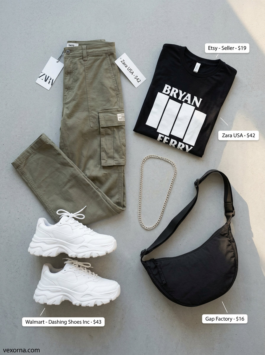Summer Gym to Street Outfits for Women 2026: Khaki cargo pants, graphic tee, and chunky sneakers for city exploration.