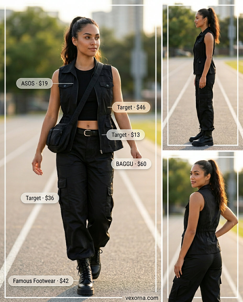 Summer Gym to Street Outfits for Women 2026: Khaki cargo pants, black ribbed tank, utility vest for urban exploration.