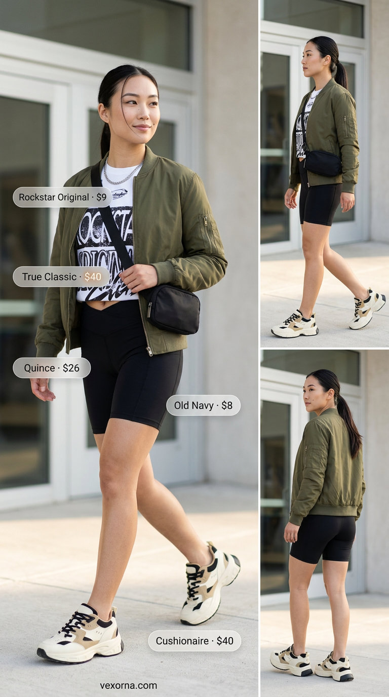 Summer Gym to Street Outfits for Women 2026: Black biker shorts, graphic tee, olive bomber jacket for weekend athleisure.