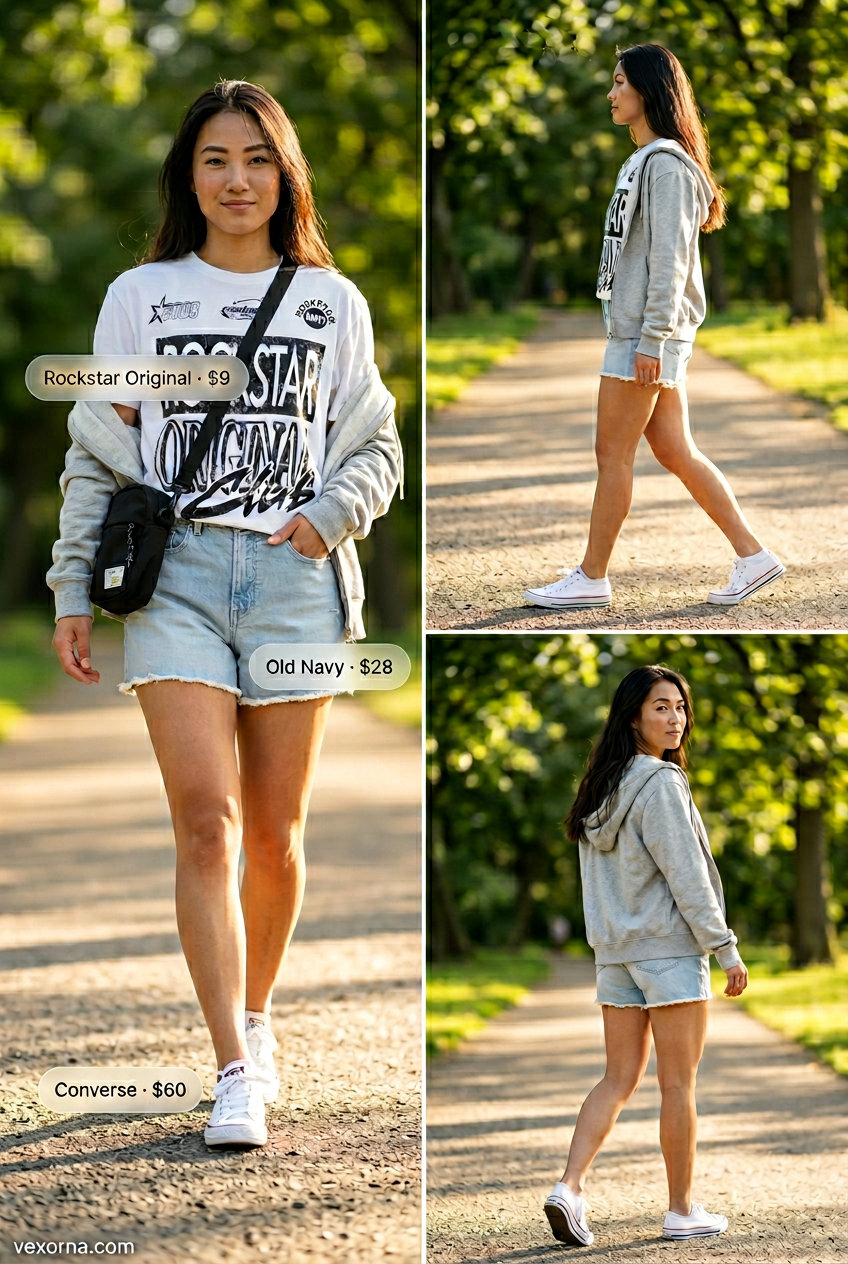 Summer Gym to Street Outfits for Women 2026: Denim shorts, graphic tee, and zip-up hoodie for weekend activities.