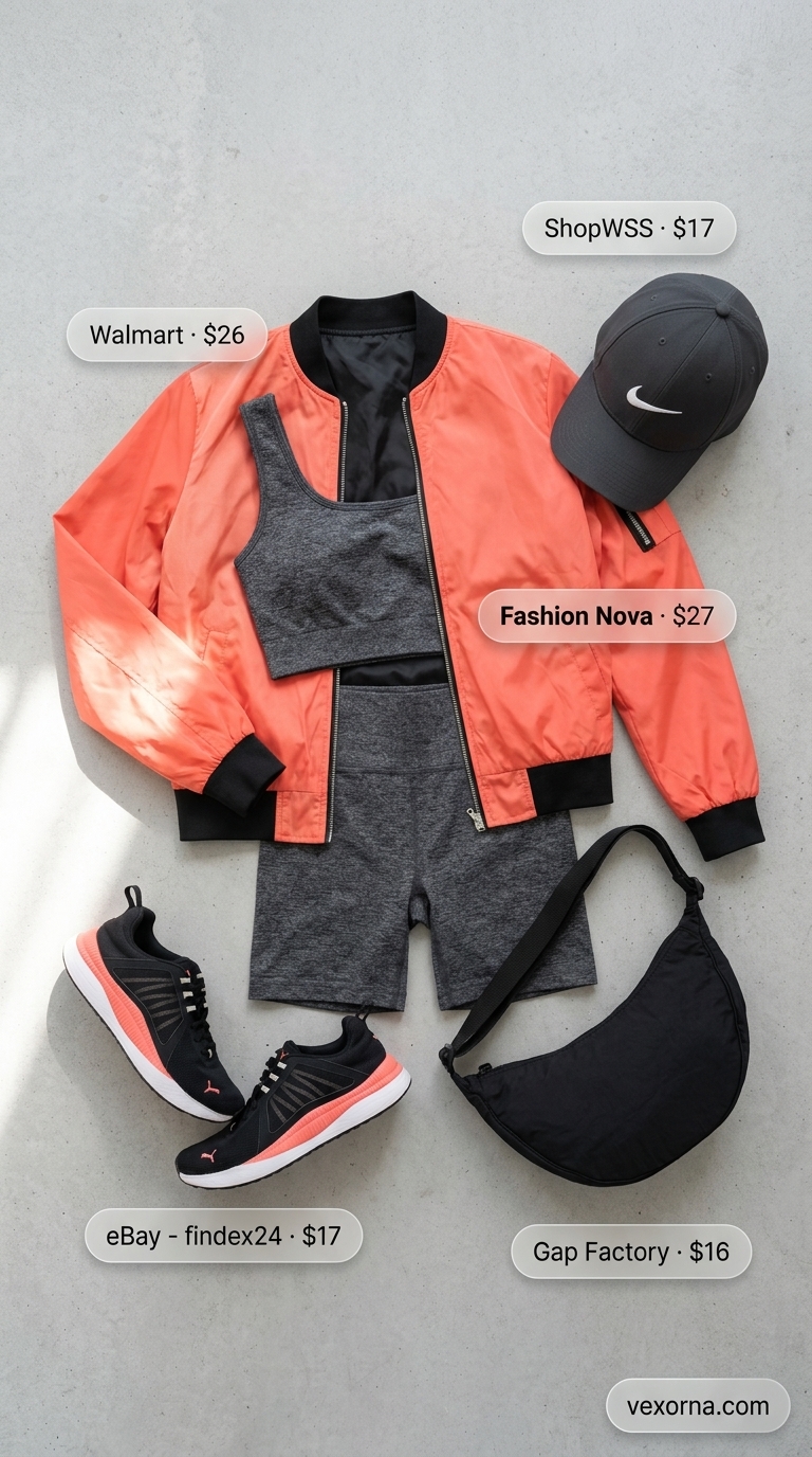 Summer Gym to Street Outfits for Women 2026: Charcoal grey matching set with coral bomber jacket for errands.