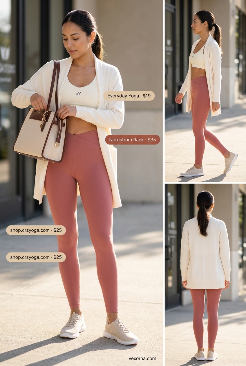 Summer Gym to Street Outfits for Women 2026: Dusty rose yoga leggings, cream knit cardigan, and beige tote for brunch.