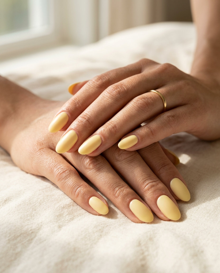 Butter yellow soft oval nails for summer holiday nails 2026. Ideal for daily wear and casual outings.