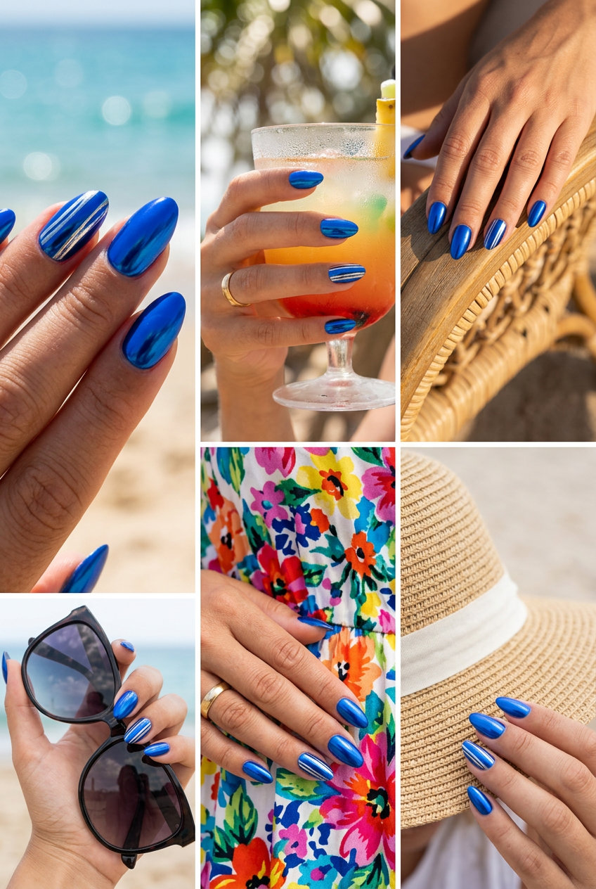 Cobalt blue chrome accent lines nails for summer holiday nails 2026. Edgy and bold for festivals or nights out.