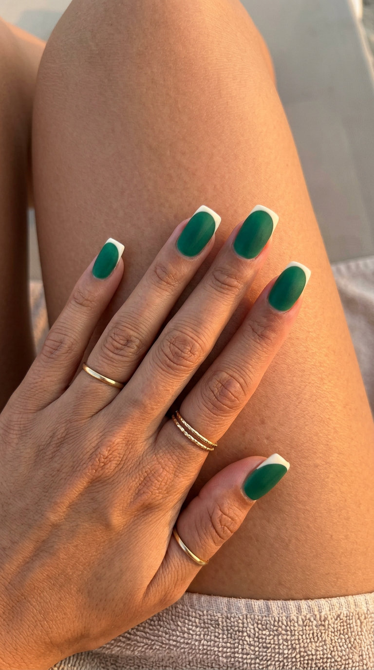 Emerald green velvet French tip nails for summer holiday nails 2026. Sophisticated and luxurious for events.