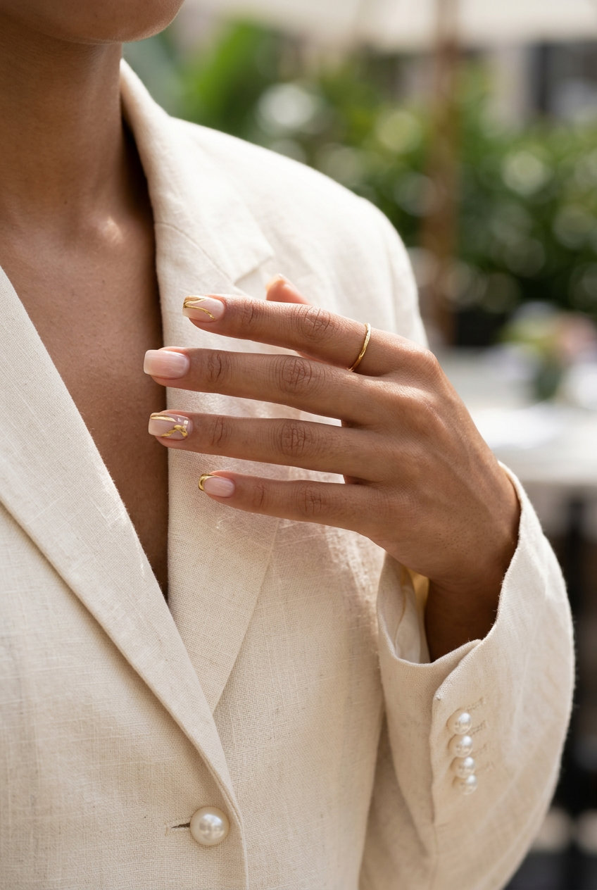 Golden line art nude nails for summer holiday nails 2026. Sophisticated for daily wear and events.