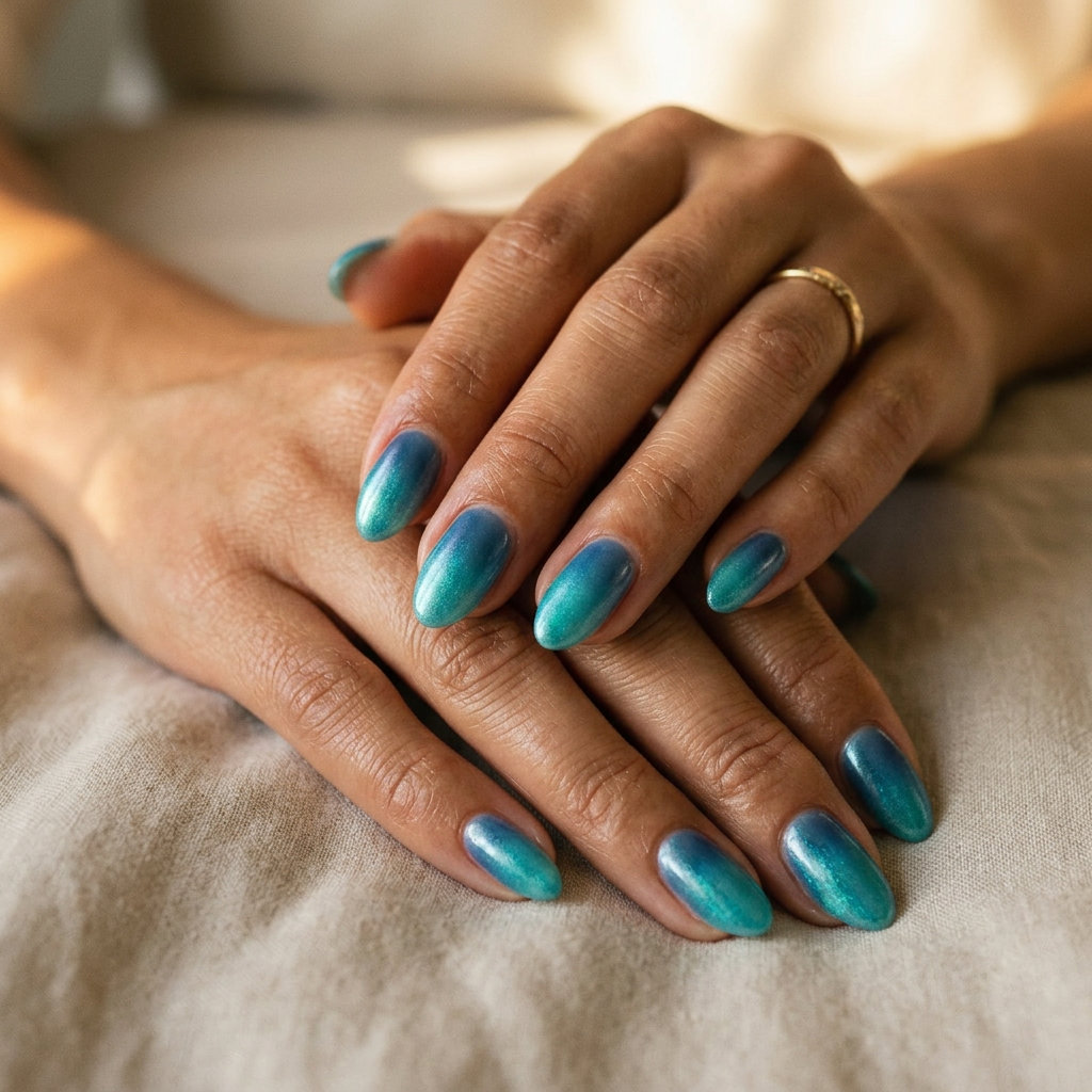 Ocean aura dream gradient nails for summer holiday nails 2026. Whimsical for festivals and beach trips.