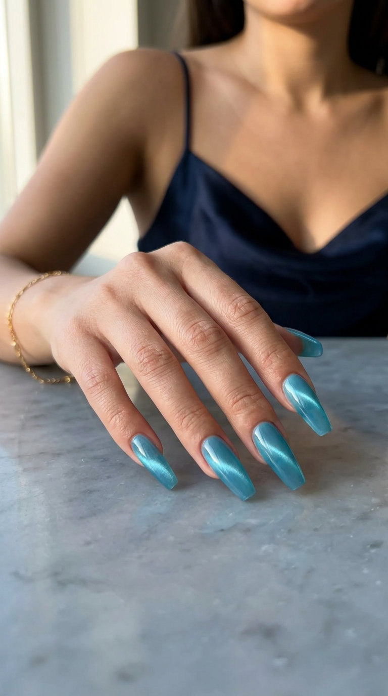 Ocean blue jelly cat-eye nails for summer holiday nails 2026. Sultry choice for date nights and resorts.