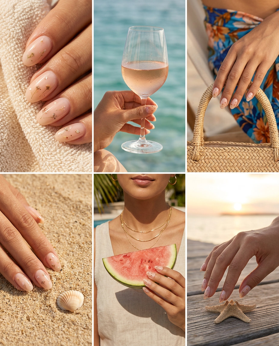 Peachy Pink Milk Bath Bloom nails for summer holiday nails 2026: translucent peachy-pink with embedded pastel dried flowers and micro-pearls.