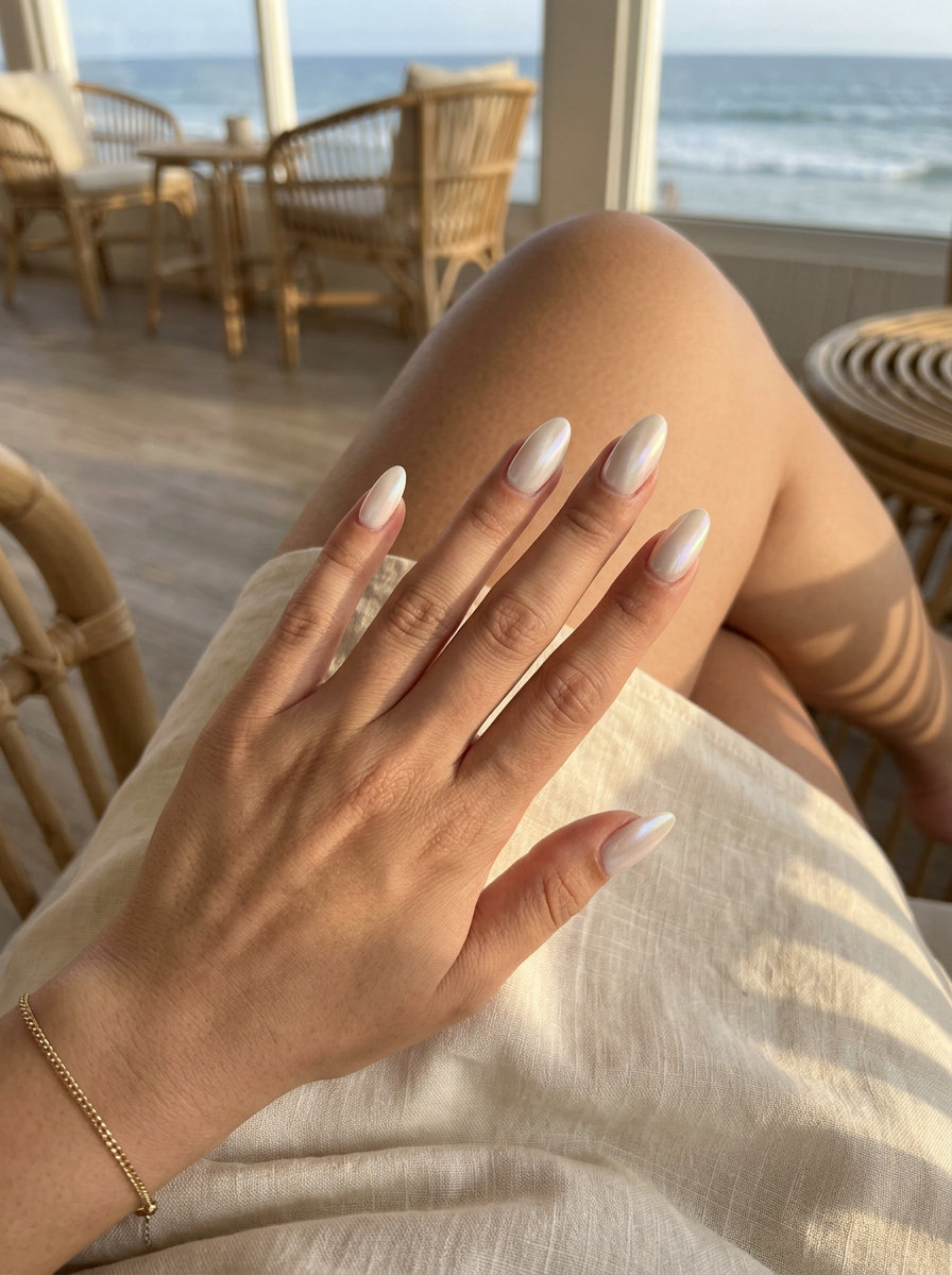 Iridescent pearl cat-eye almond nails for summer holiday nails 2026. Glamorous and ethereal for evenings.
