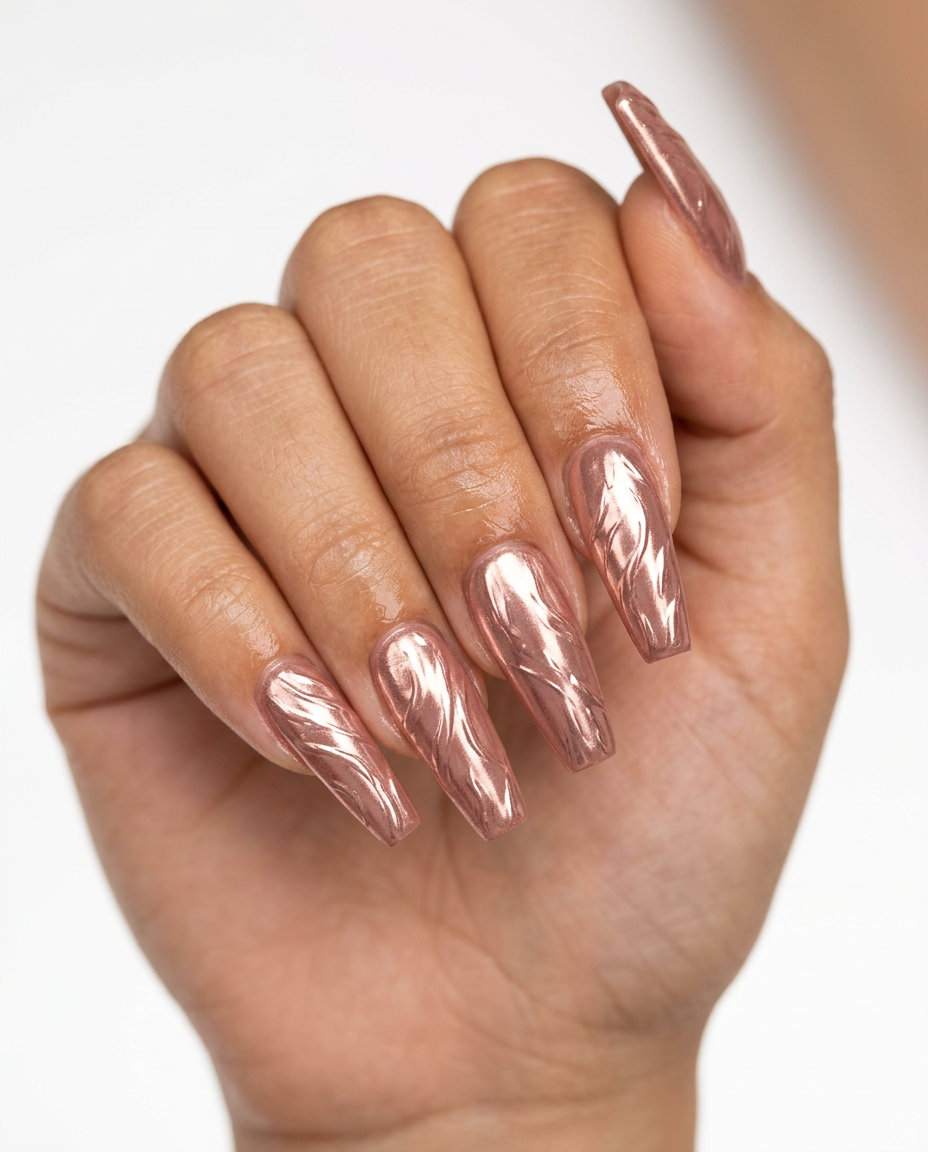 Rose gold texture chrome coffin nails for summer holiday nails 2026. Glamorous and chic for events.