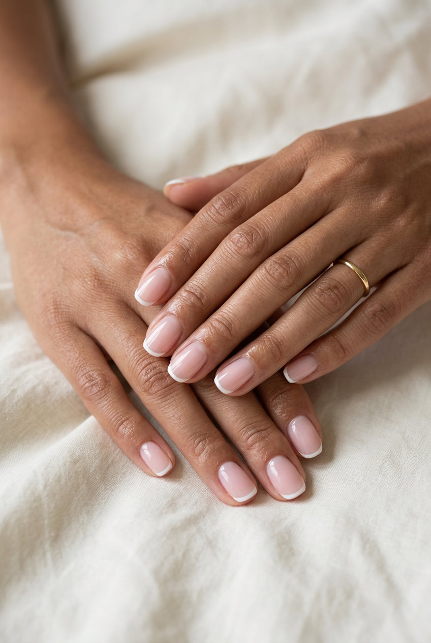 Seashell white micro French nails for summer holiday nails 2026. Minimalist and serene for beach or events.