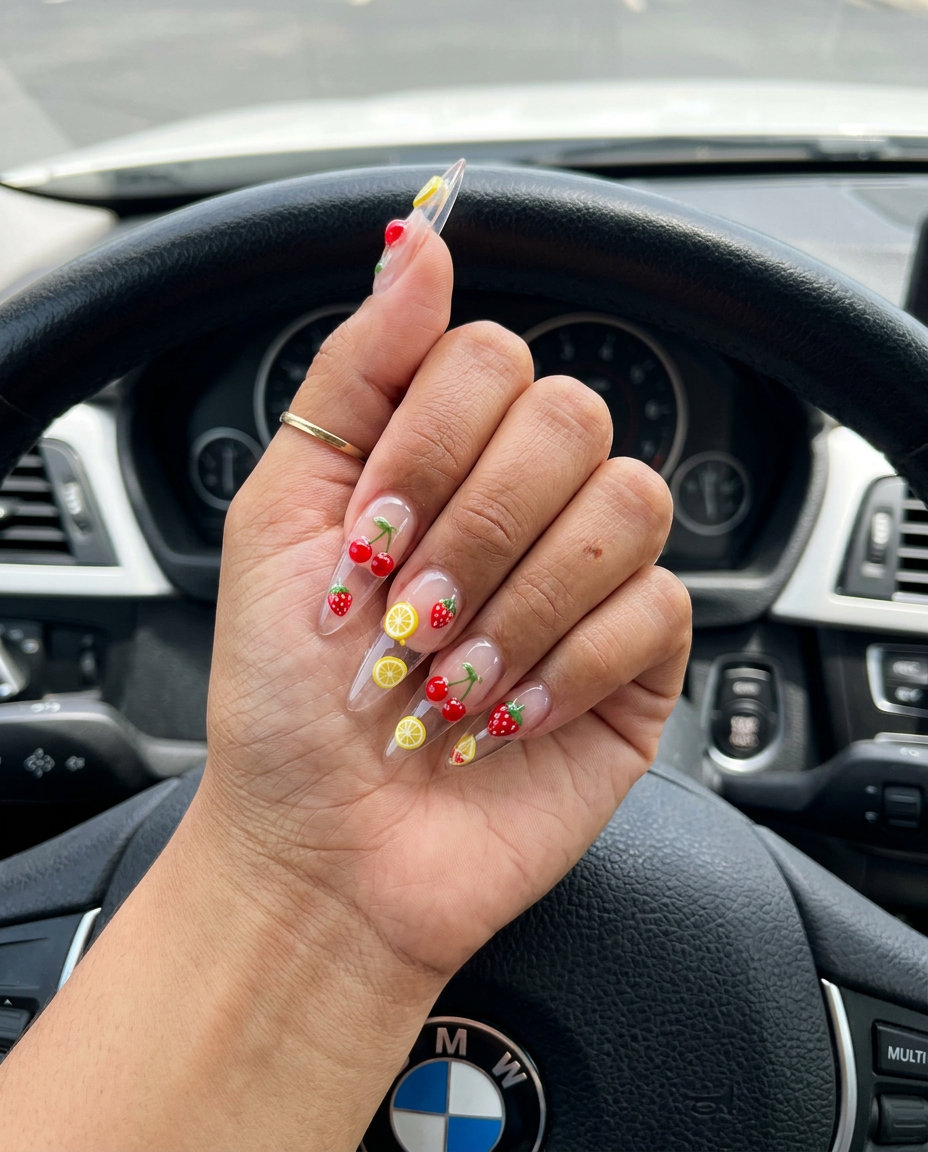 Summer fruit charm accent nails for summer holiday nails 2026. Fun for vacations and pool parties.
