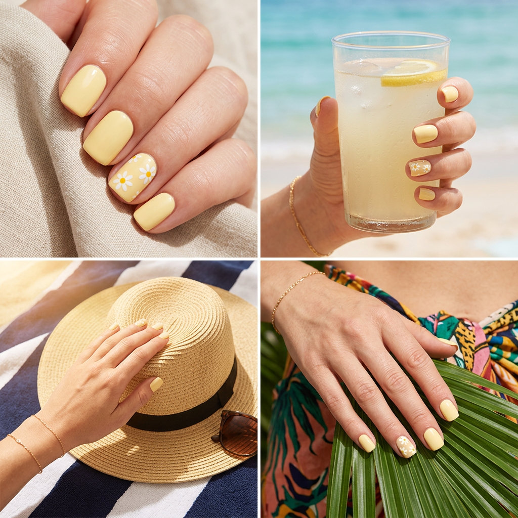 Sunny Daisy Shorties nails for summer holiday nails 2026: soft butter yellow with white and yellow daisy accents and a clear gloss finish.