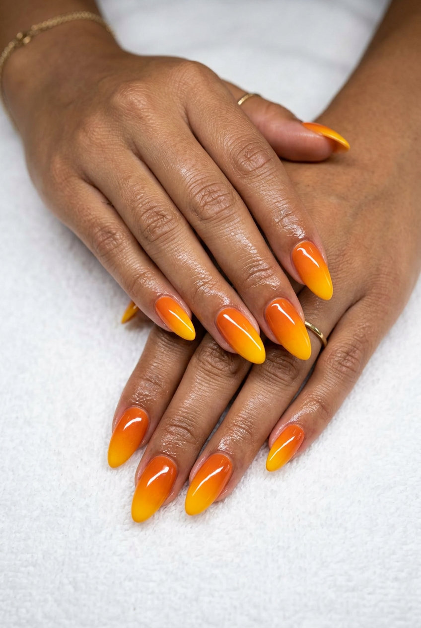 Sunset sky ombre nails for summer holiday nails 2026. Energetic and warm for festivals or evenings.