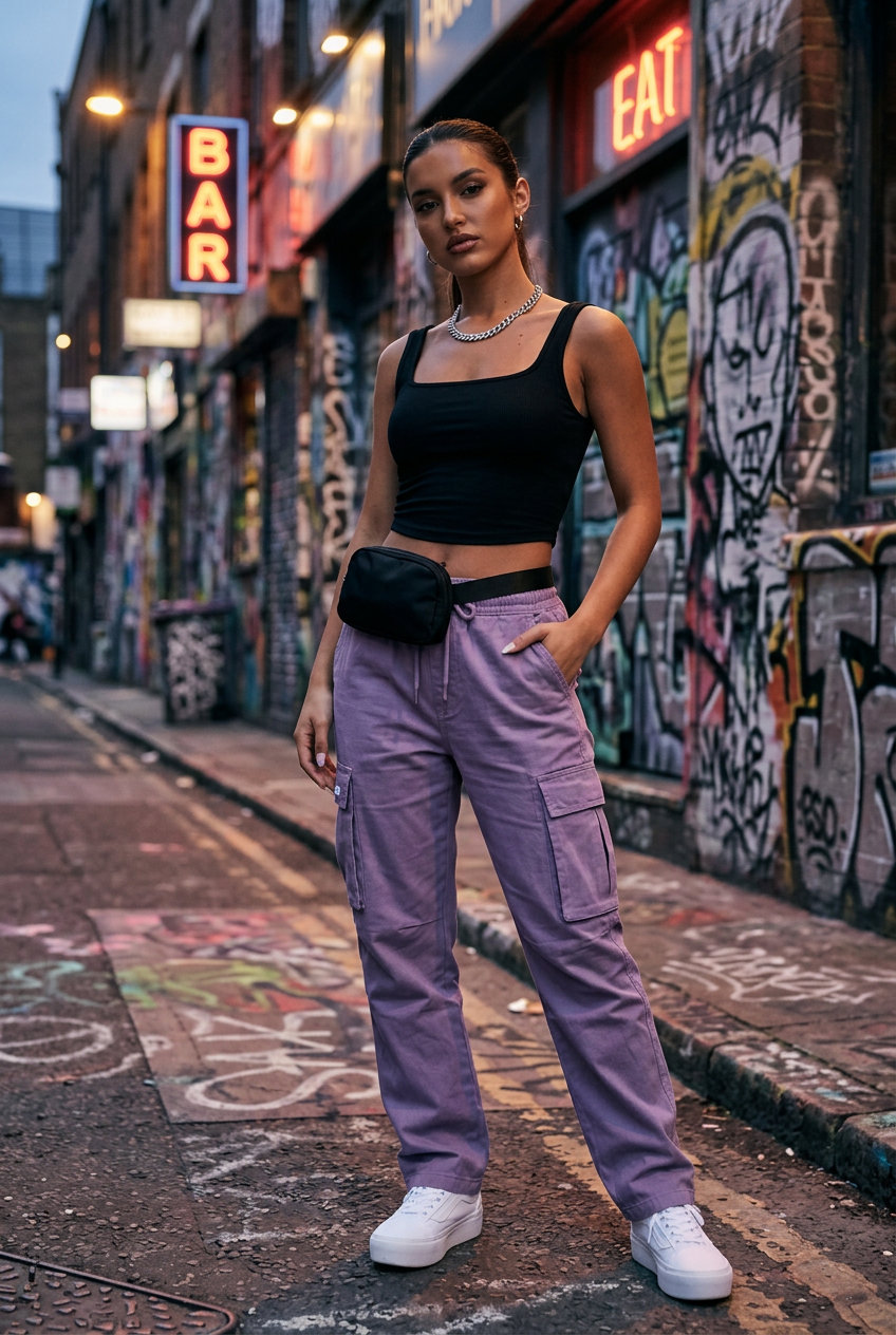Summer Lavender Outfits for Women 2026: Edgy lavender cargo pants, black crop top, and chunky sneakers for streetwear style.