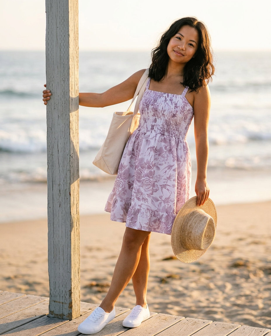 Summer Lavender Outfits for Women 2026: Playful lavender smocked sundress with white sneakers for a picnic or beach day.