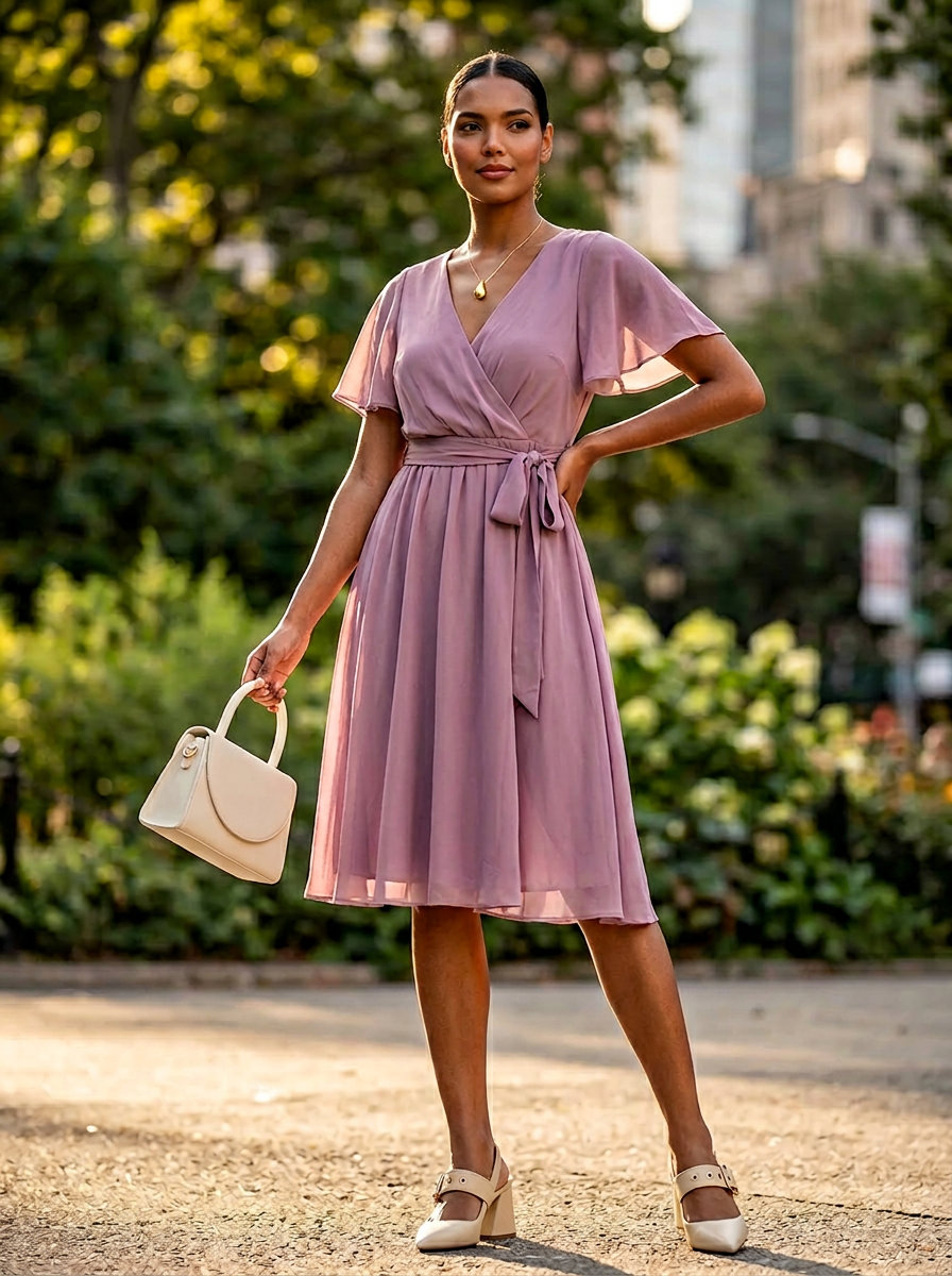 Summer Lavender Outfits for Women 2026: Elegant lavender wrap dress with cream accessories for a summer party or date night.