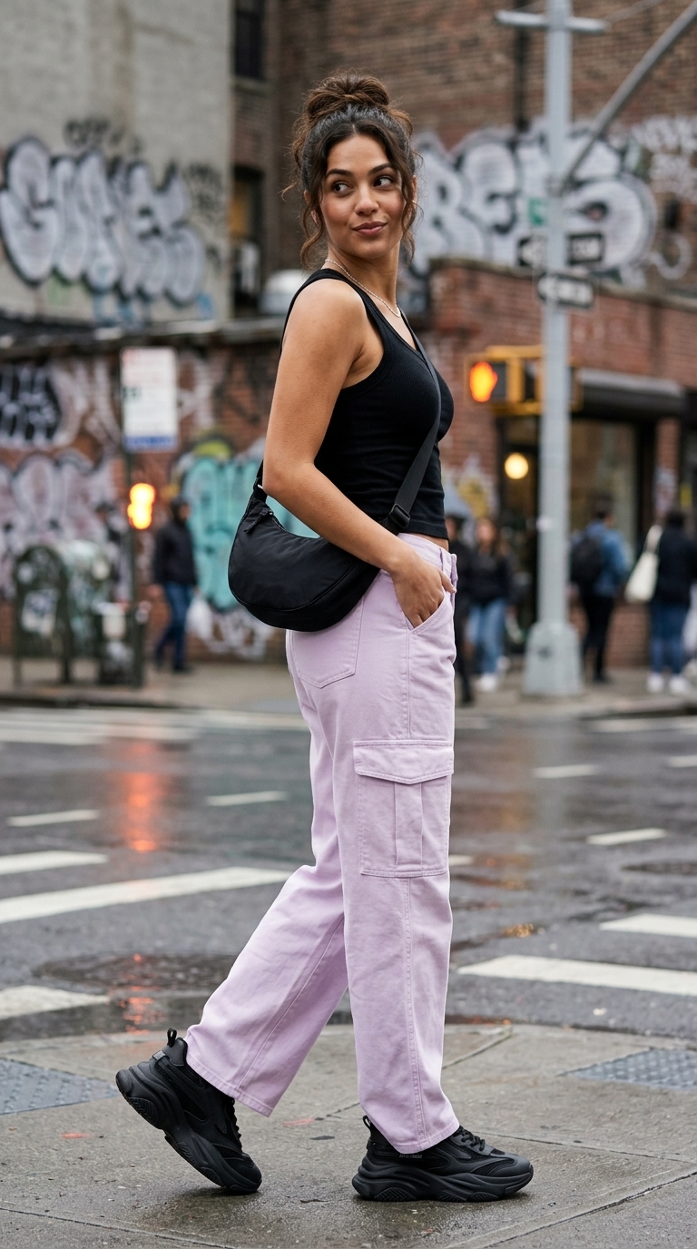 Summer Lavender Outfits for Women 2026: Dusty lavender cargo pants, black tank, chunky sneakers, silver necklace.