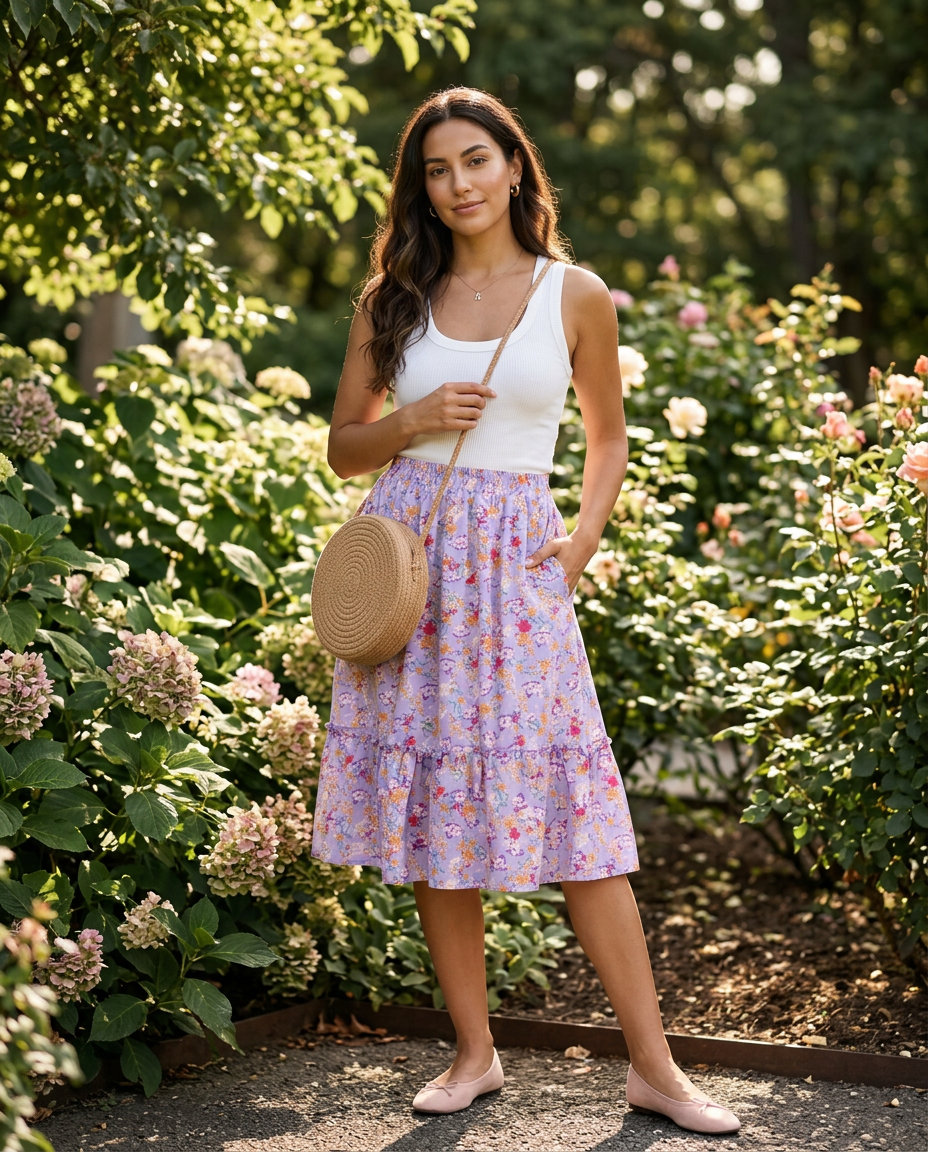Summer Lavender Outfits for Women 2026: Lavender floral midi skirt, white tank top, pale pink flats, and straw bag.