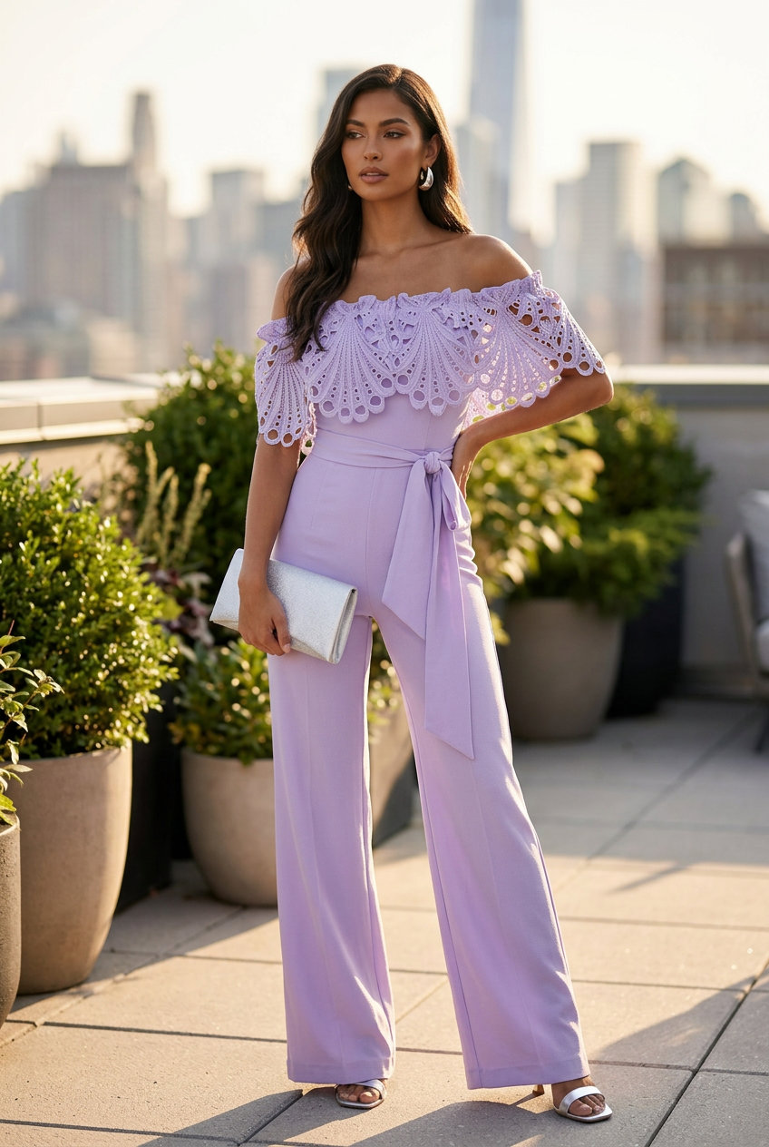 Summer Lavender Outfits for Women 2026: Monochromatic lavender jumpsuit, silver heels, and statement earrings.