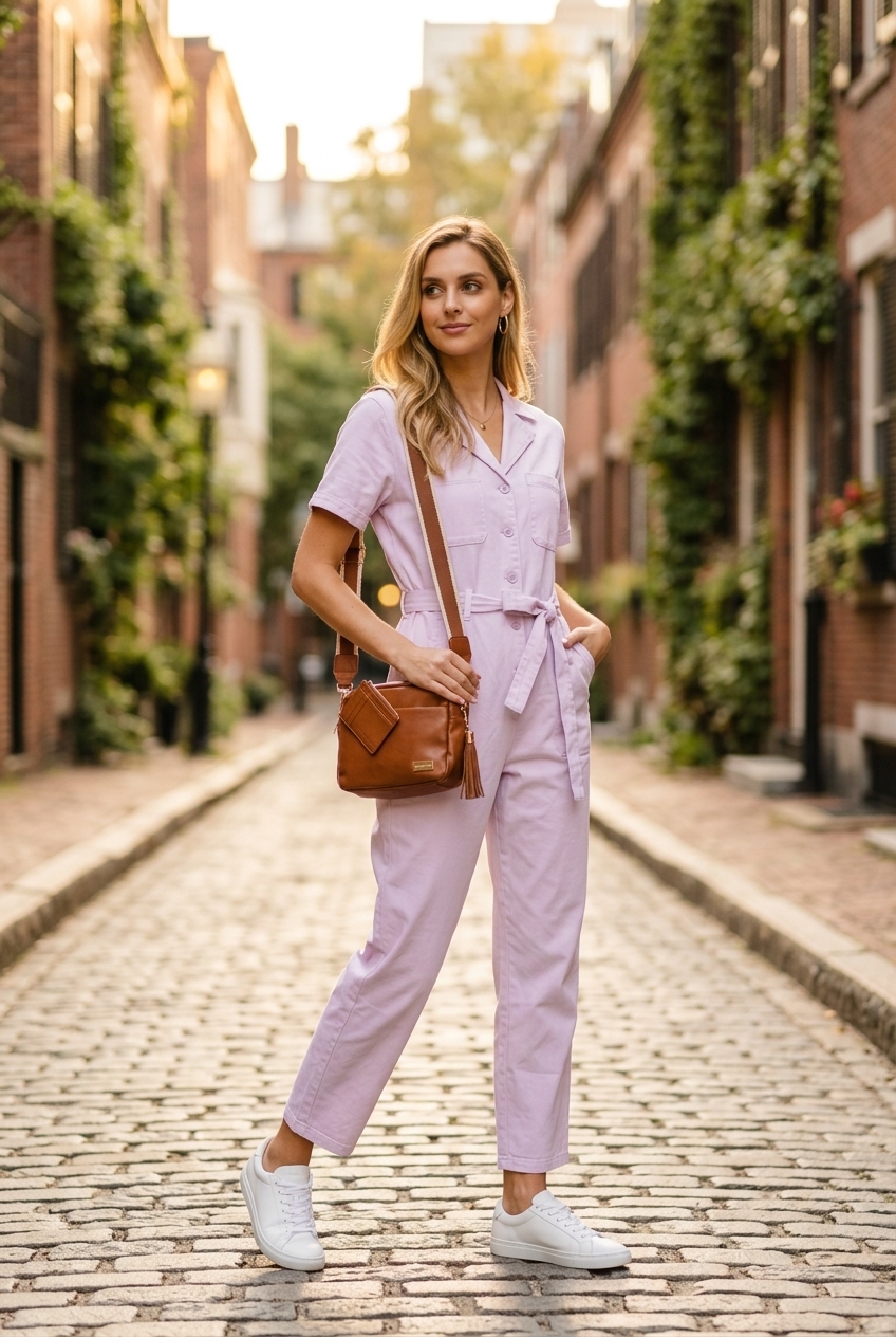 Summer Lavender Outfits for Women 2026: Lavender utility jumpsuit, white sneakers, tan crossbody bag for a polished look.