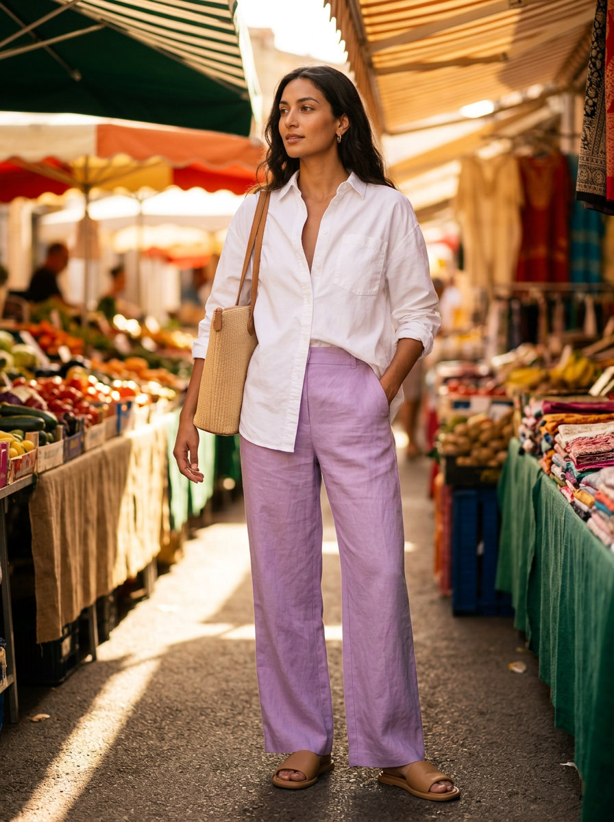 Summer Lavender Outfits for Women 2026: Lilac linen pants, white shirt, tan slides for a relaxed chic look.