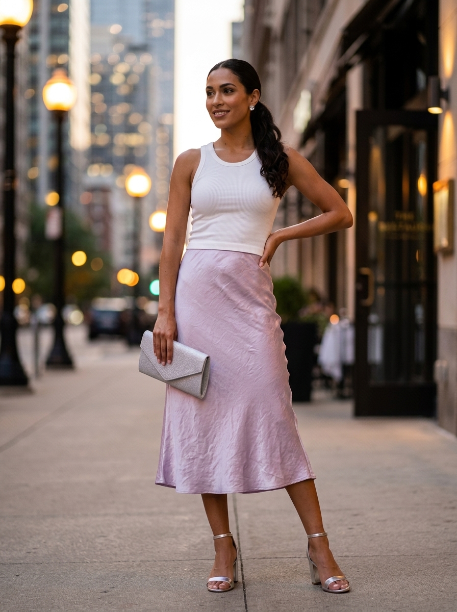 Summer Lavender Outfits for Women 2026: Lilac satin slip skirt, white knit top, silver clutch for a modern evening look.