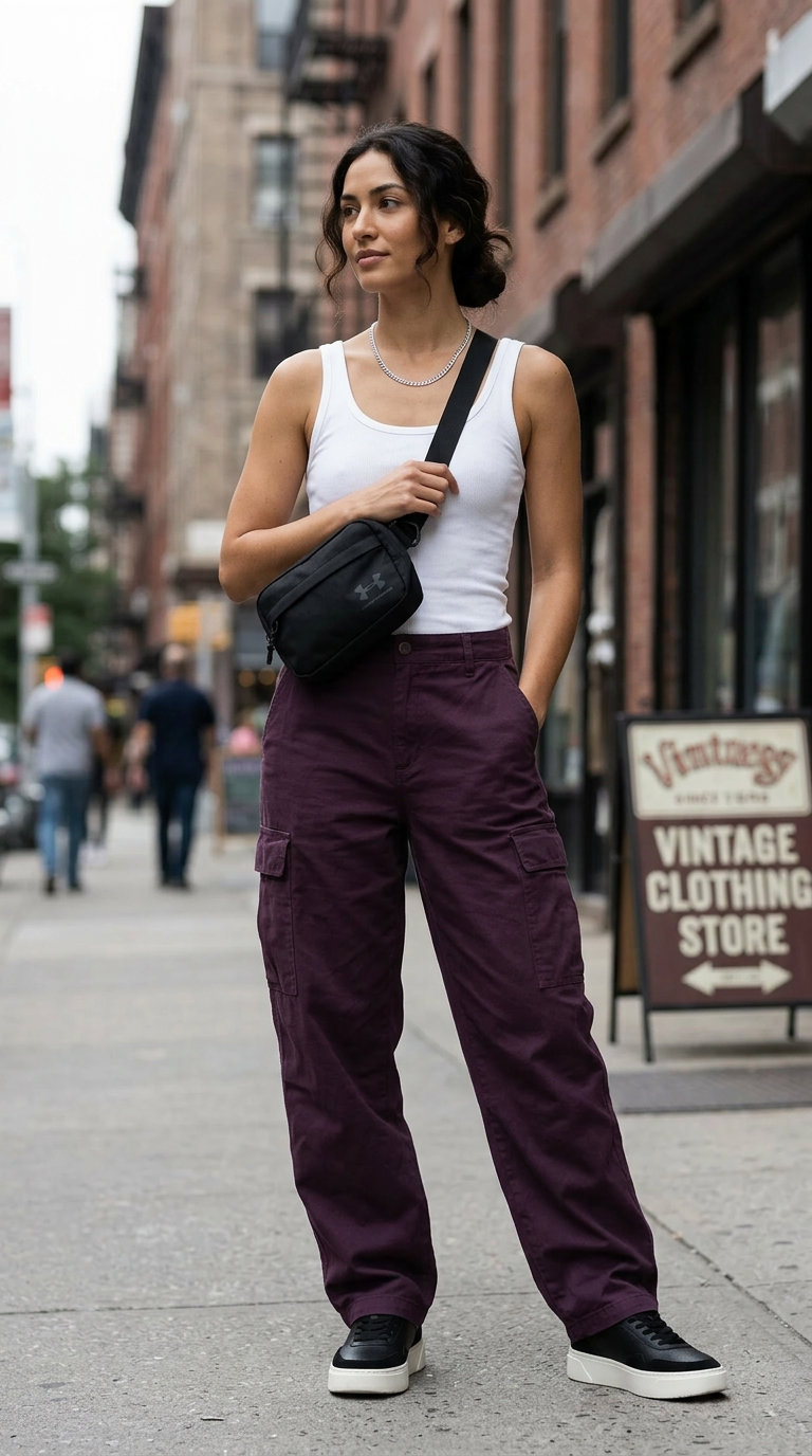Summer Lavender Outfits for Women 2026: Violet cargo pants, white tank top, chunky sneakers, and black belt bag.