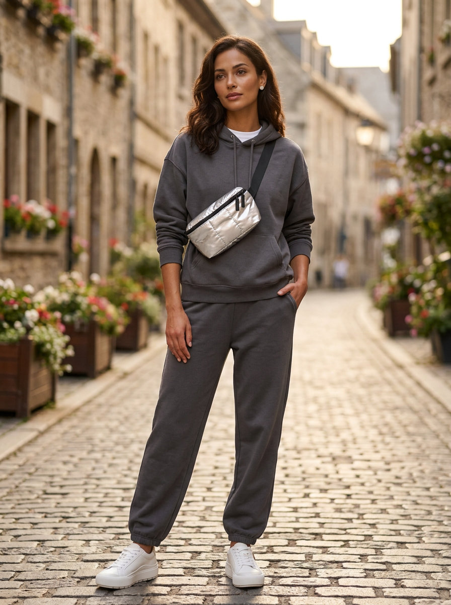 Charcoal grey matching set with white tee and fashion sneakers for Summer Moving Day Outfits for Women 2026. Athleisure comfort.