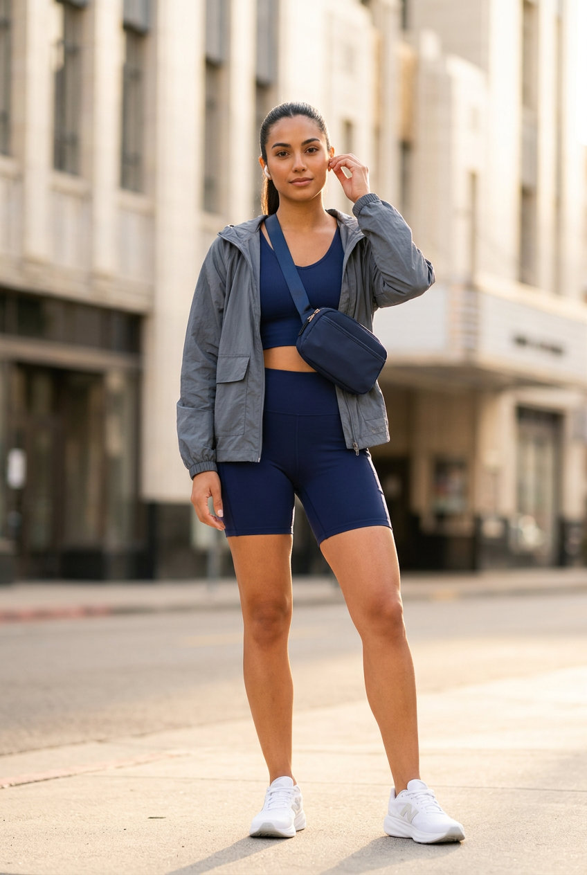 Navy athletic shorts set with windbreaker and sneakers for summer moving day outfits for women 2026.
