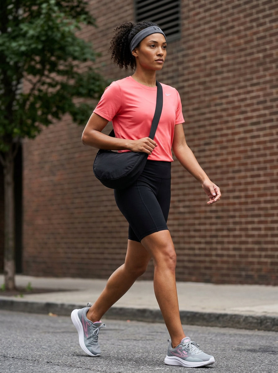 Black biker shorts with coral t-shirt and athletic sneakers for summer moving day outfits for women 2026.