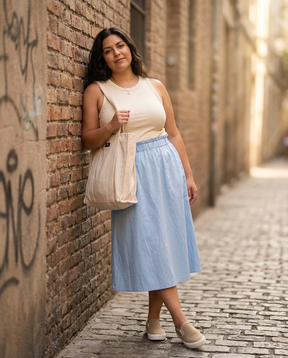 Light blue A-line skirt with cream tank and canvas sneakers for summer moving day outfits for women 2026.
