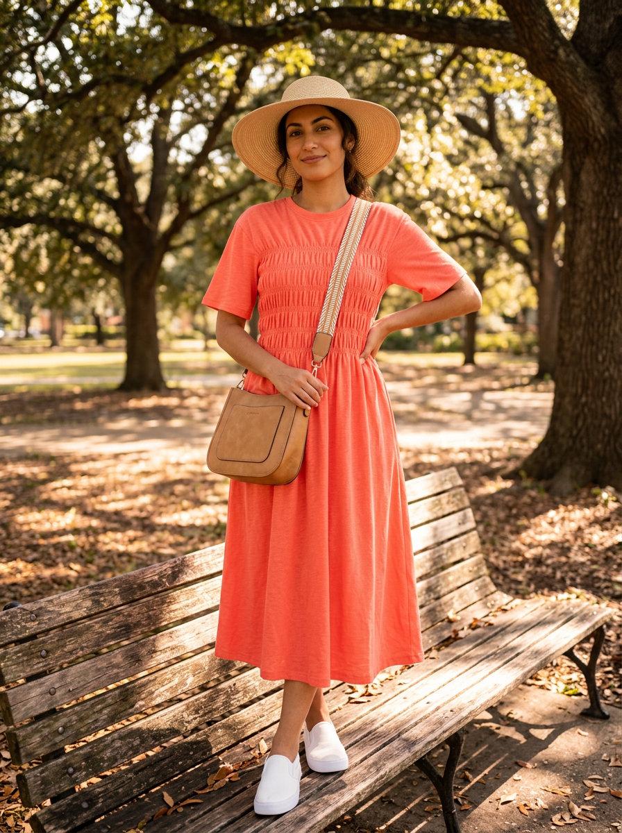 Coral t-shirt dress with white sneakers and tan crossbody bag for summer moving day outfits for women 2026.