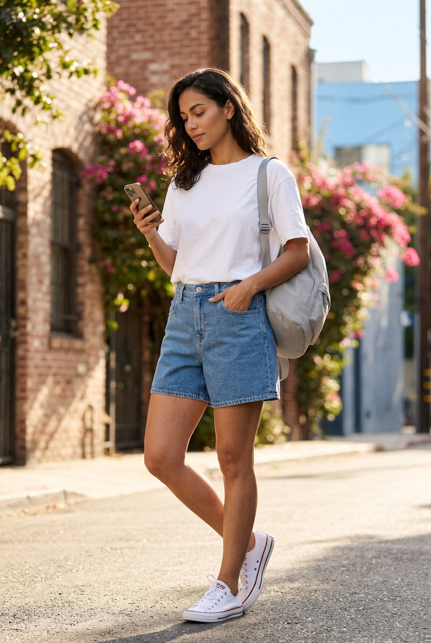 Denim shorts with grey tee and white sneakers for Summer Moving Day Outfits for Women 2026. Classic and practical.