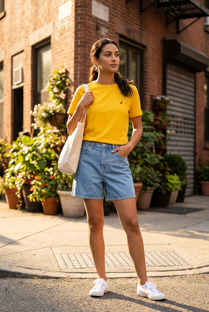 Denim shorts with mustard t-shirt and canvas sneakers for summer moving day outfits for women 2026.