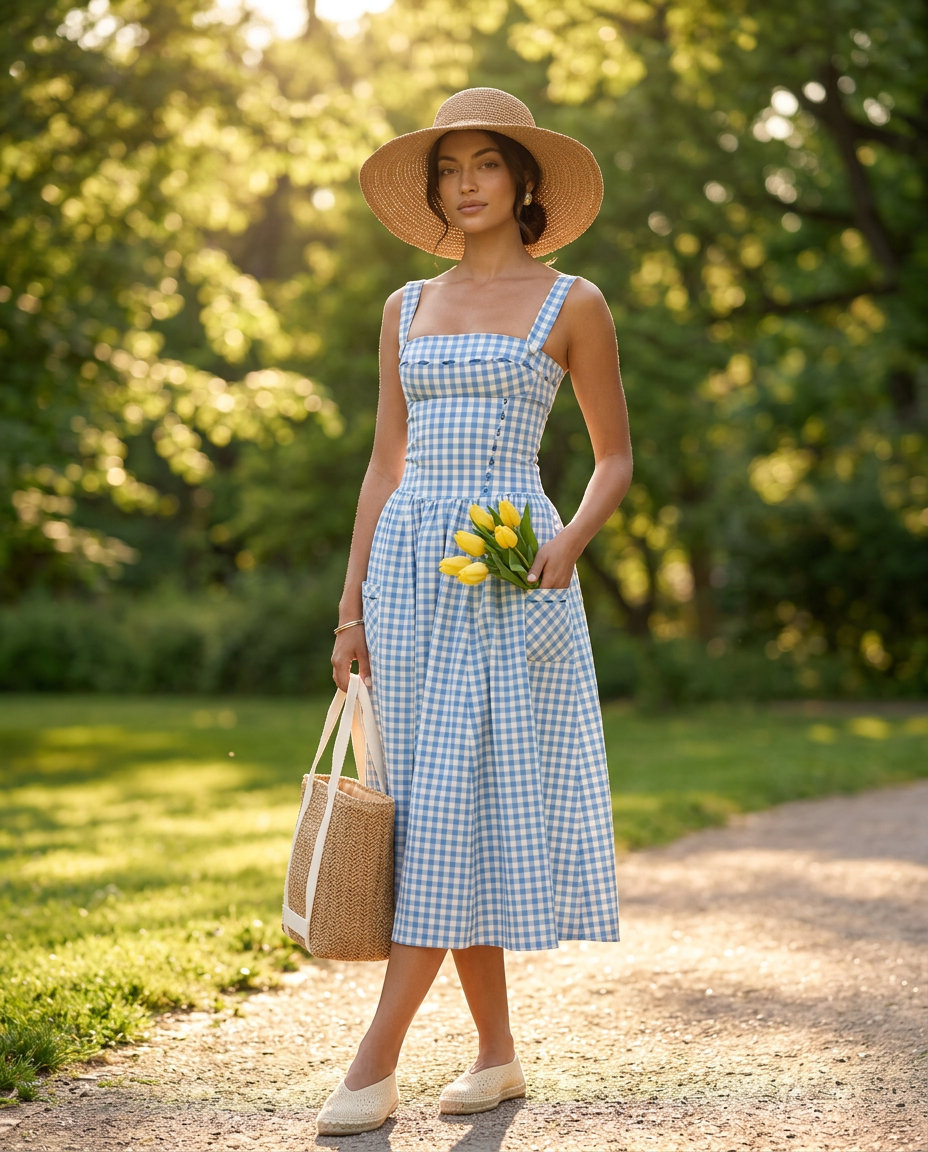Light blue gingham sundress with espadrilles and straw tote for summer moving day outfits for women 2026.