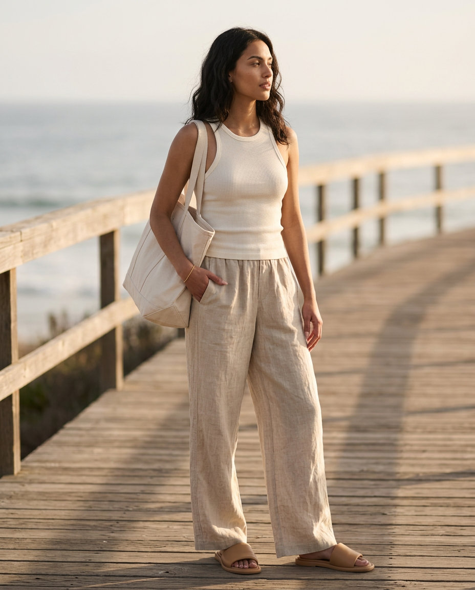 Beige linen pants with cream tank top and tan slides for Summer Moving Day Outfits for Women 2026. Airy and minimalist.