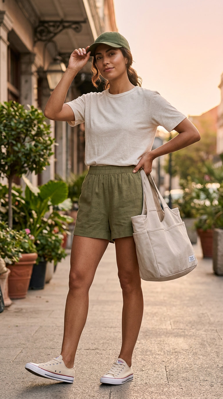 Olive green linen shorts with off-white tee and canvas sneakers for Summer Moving Day Outfits for Women 2026. Practical comfort.